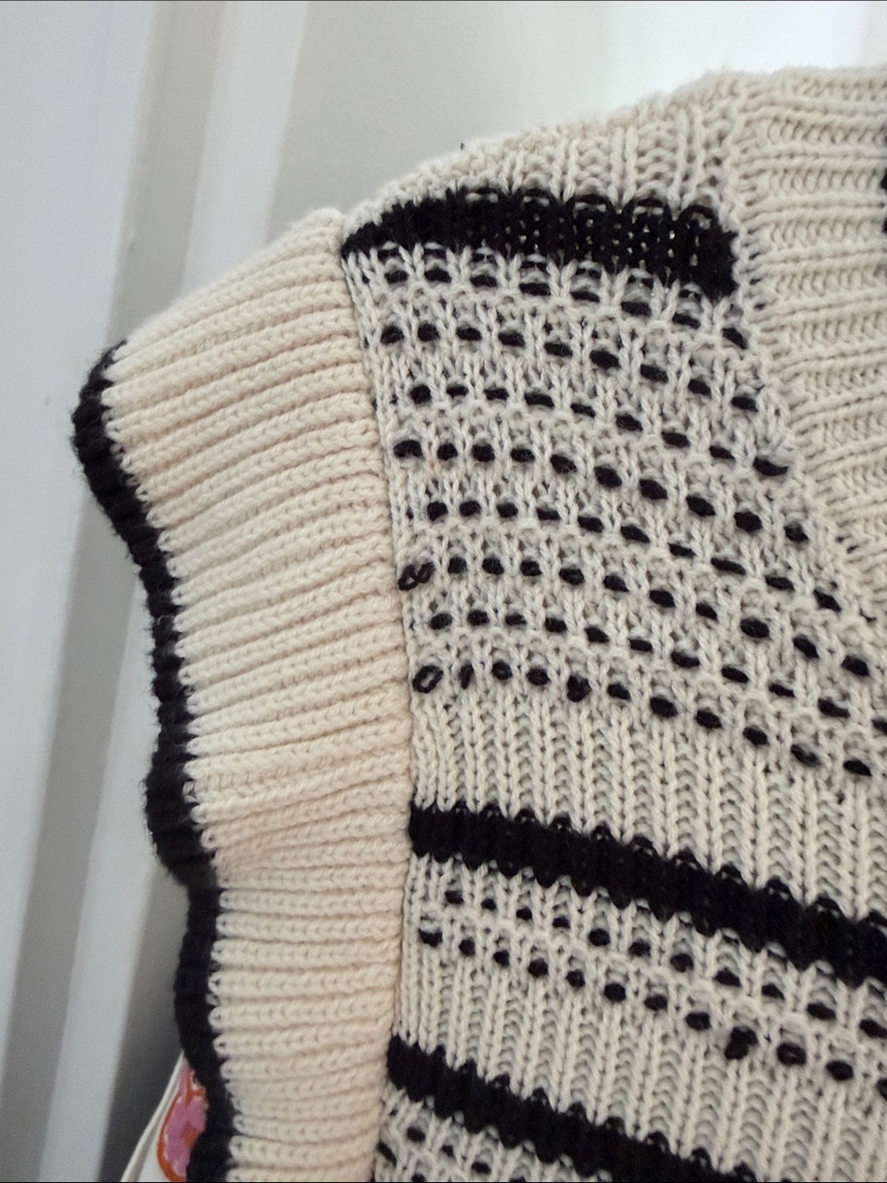 Design365 flutter sleeve Cream and Black Striped Open-Knit Crew Sweater - Picture 3 of 7
